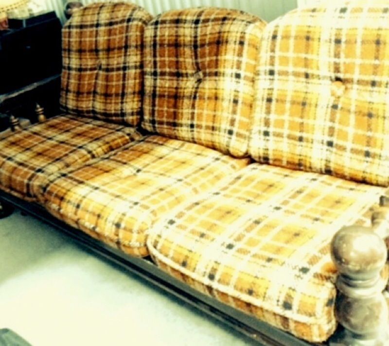 Awesome Vintage Plaid Couch, Real Wood, Restore it! Great project.