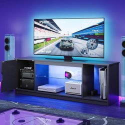 Bestier 57" LED TV Stand for 55/60/65 Inch TVs - Gaming Entertainment Center with RGB Lights, Adjustable Glass Shelves & Cabinet for PS5/Xbox, Modern 