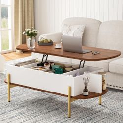 48" Oval Lift Top Coffee Table with Storage, Hidden Compartment, Open Shelf