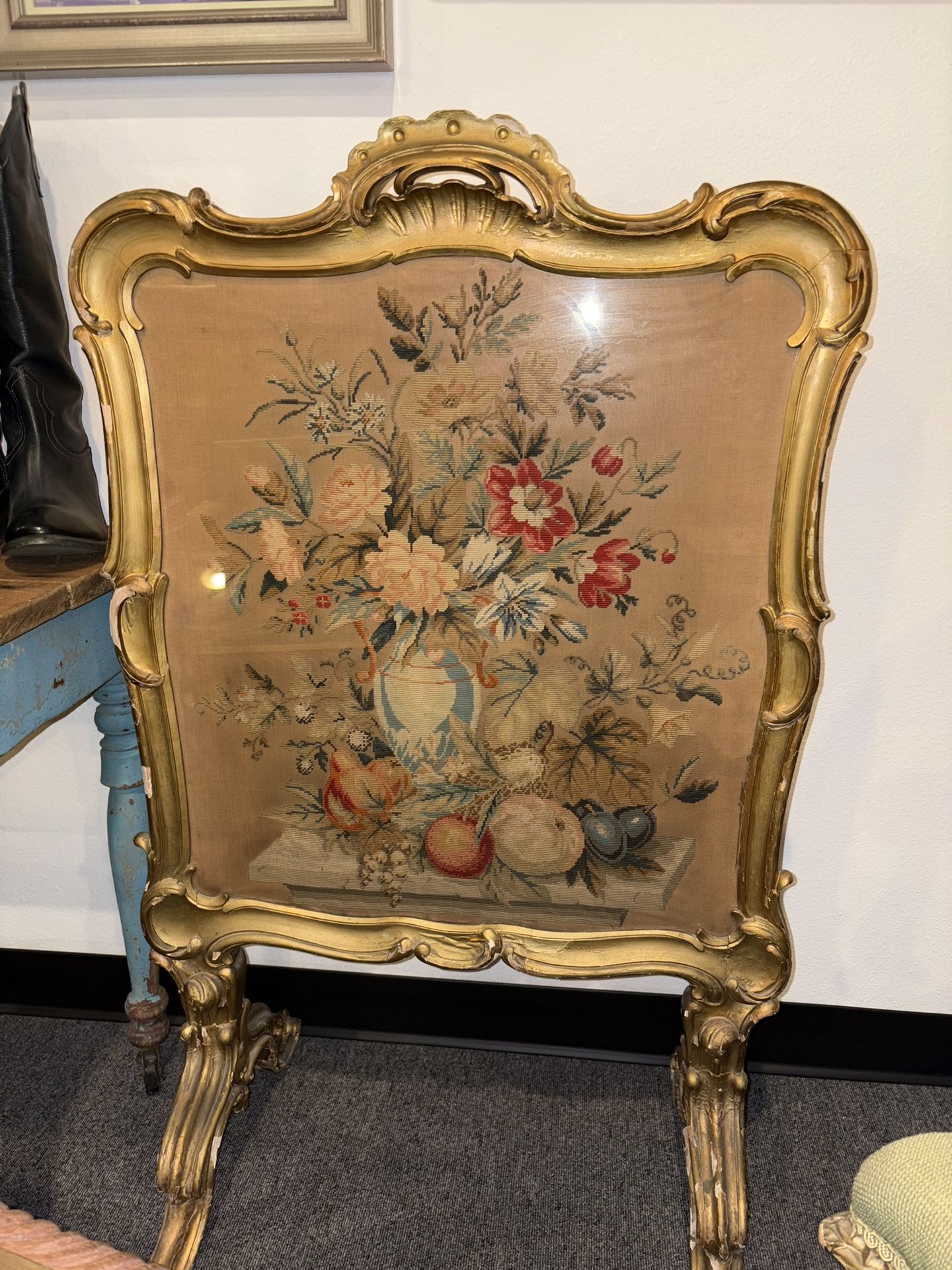 Antique Needlepoint Fireplace Screen