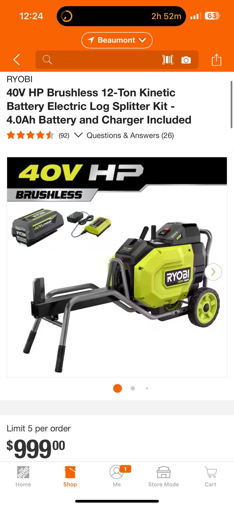 Ryobi Log Splitter 40v