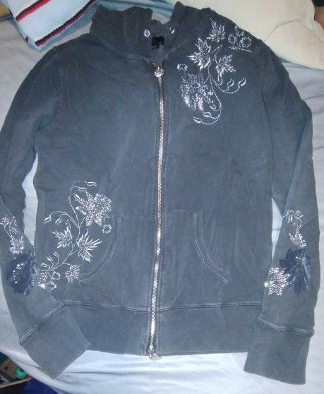 Vertigo Paris Zip Sweatshirt Jacket Gray Raw Edge Embroidered Flowers Grunge