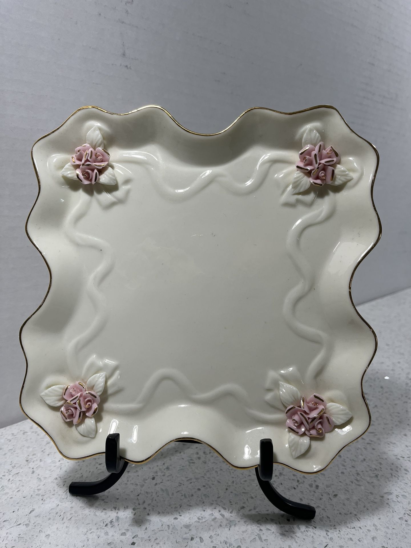 Pink Rose Porcelain Plate Gold Accents 8/9 “ Inch