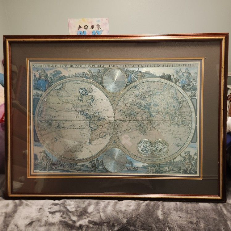 World Map, Beautiful Frame 1657 World Map On Foil, Like New! Orbis terrarum typus de integroin plurimis emendatus, auctus, et icunculis illustratus,