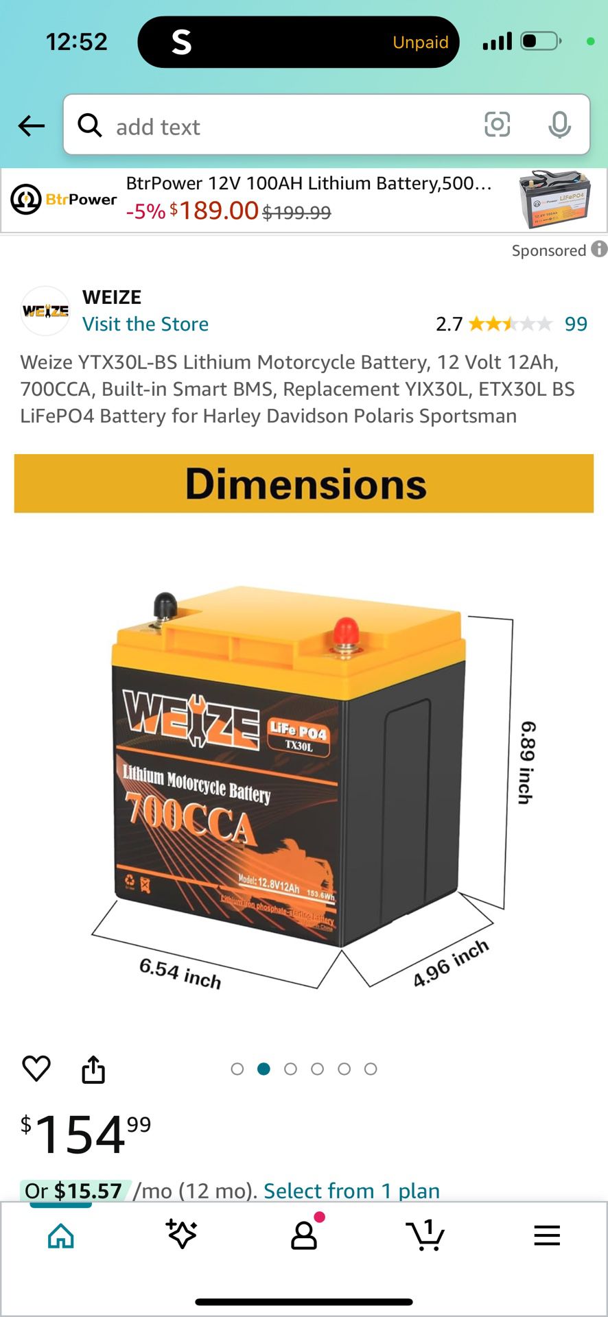 Weize YTX30L-BS Lithium Motorcycle Battery, 12 Volt 12Ah, 700CCA, Built-in Smart BMS, Replacement YIX30L, ETX30L BS LiFePO4 Battery for Harley Davidso