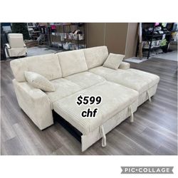 RIGHT Hand Facing Corduroy Fabric Upholstered Chaise Storage Pull Out Bed Sectional Sofa with 2 Throw Pillows