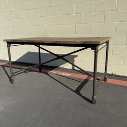Restoration Hardware Industrial Dining Table – Solid Wood Top & Metal Base
