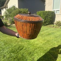 Large Vintage Lidded Bamboo Pencil Reed Basket 