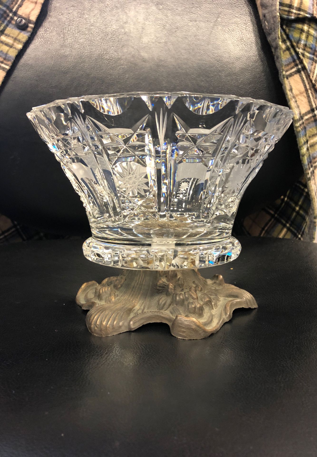 Vintage crystal candy dish with brass base