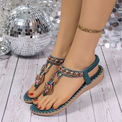 Plus Size Hollow Out Flat Rhinestone Sandals For Women, Bohemian Style Comfortable Summer Beach Shoes