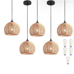 Set Of 5 Mini Hemp Rope Woven Pendant Light Fixtures Boho