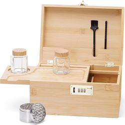 Large Decorative Bamboo Wooden Lock Box with Combination Lock – w/ Lid, Removable Tray/Jars