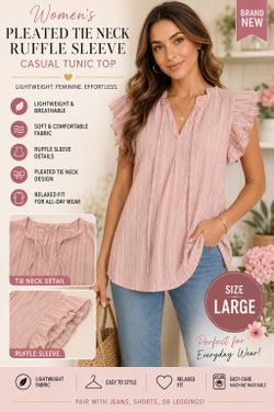 🌸 Women’s Pink Pleated Tie Neck Ruffle Sleeve Casual Tunic Top – Size Large – BRAND NEW 🌸