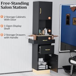 Salon Stations for Hair Stylist, Barber Station Hair Salon Station Spa Equipment with 2 Drawers, 2 Storage Cabinet, 6 Hair Dryer Holders for Hair Styl