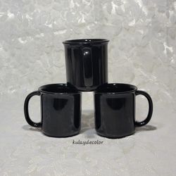 Vintage Crown Corning Japan Black Ceramic Coffee Mugs Set of 3 Glossy Cups