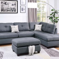 Brand New Grey Sectional Sofa w Storage Ottoman 