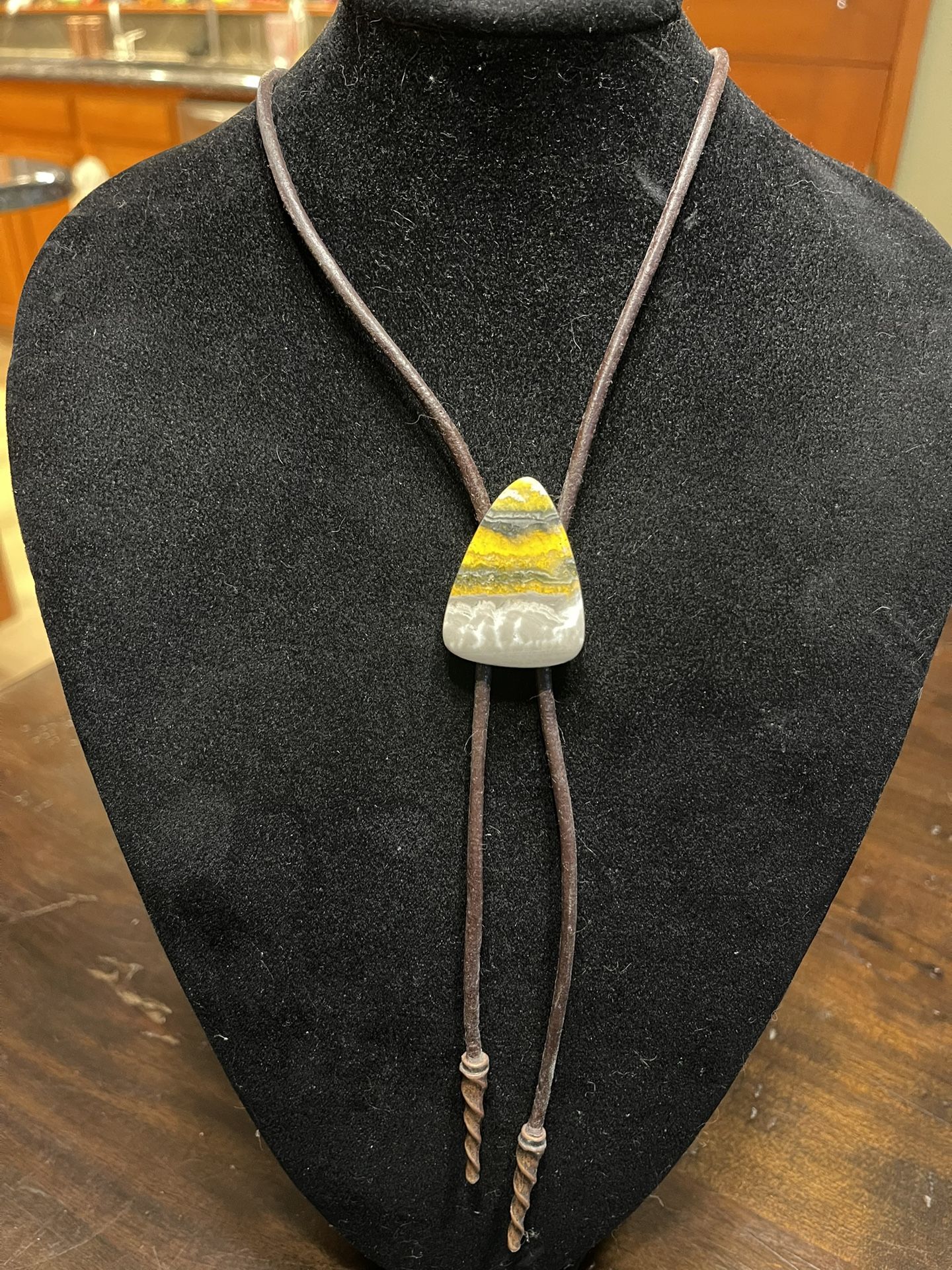Gorgeous Deep Gold Yellow Jasper Stone Lariat Necklace with Adjustable Leather & Bronze Spiral Tips