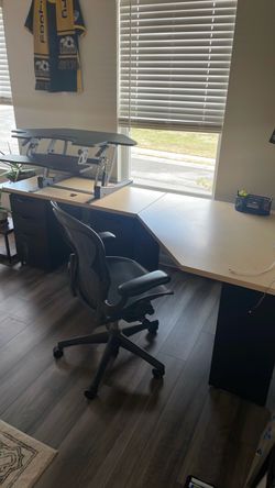 Large L-Shaped Corner Office Desk + Chair, Stand-Up Extension & Filing Cabinets