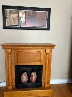 Natural Wood Fireplace w/2 himalayan salt lamps