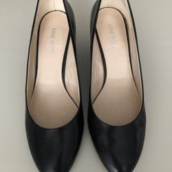 NINE WEST BLACK LEATHER WEDGE ROUND-TOE SHOES HEELS SZ 8.5 M EXCELLENT CONDITION