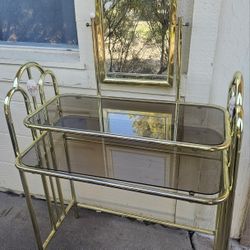 Vintage Hollywood Regency Brass & Glass Vanity with Arch Mirror