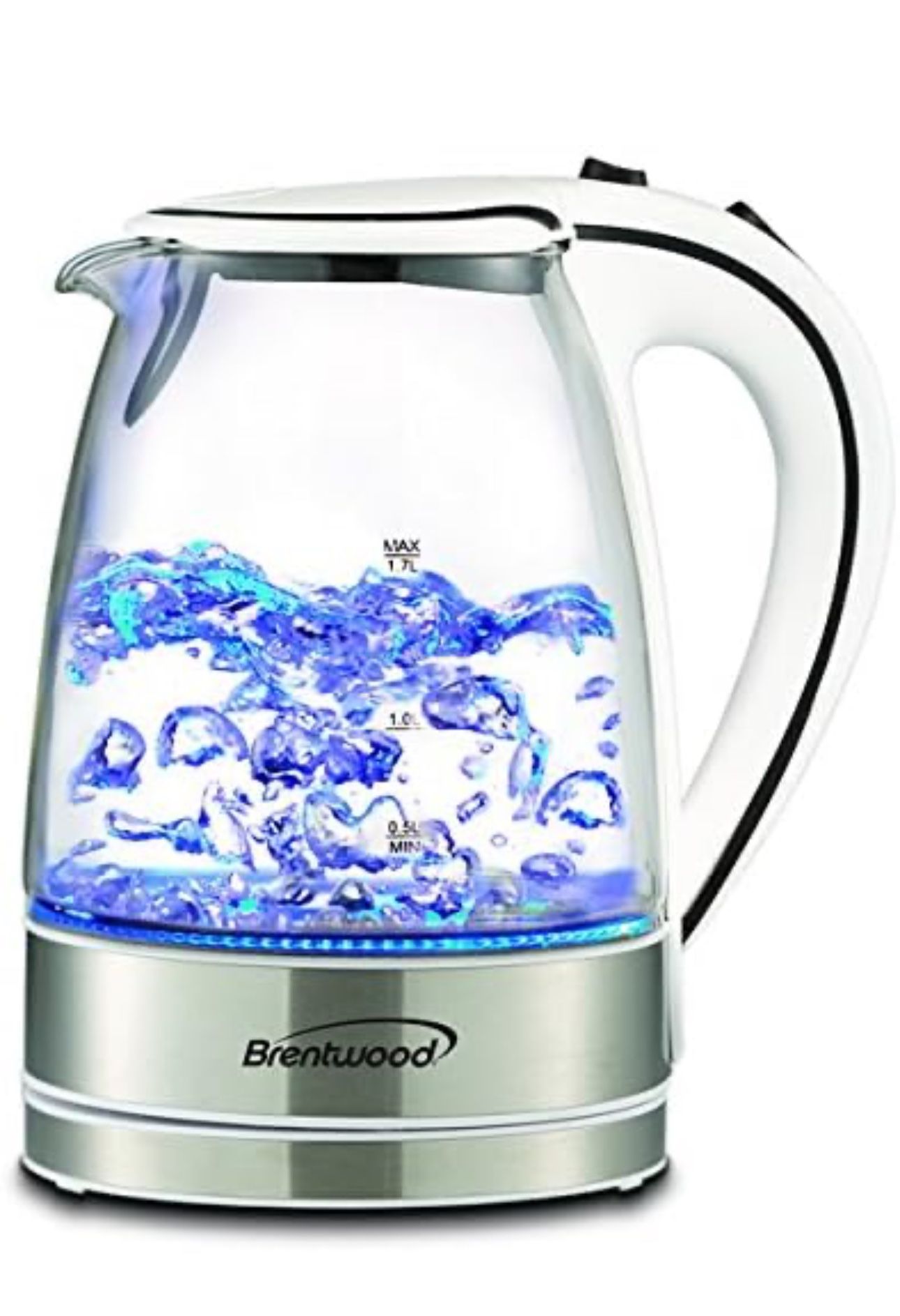 Electric Tea Kettle - Premium 1.7L Cordless - Clear Tempered Gass with Quiet Boil - Cool Touch Handle and Auto Shut off Basic Finds By Brentwood (Whit