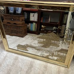 Vintage Hollywood Regency Chinese Etched Mirror