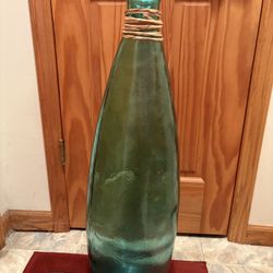 Large 32” High Green Glass Floor Vase Made in Spain 