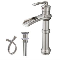 Single Handle Single Hole Waterfall Bathroom Vessel Sink Faucet with Pop-Up Drain Assembly Kit in Brushed Nickel