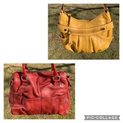 Lot of 2 Tignanello Leather Shoulder Purse Bag Red Pebbled Mustard Yellow Large