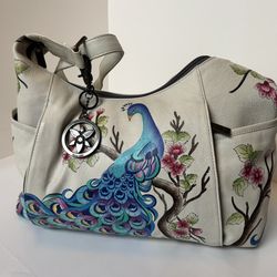 Anuschka Hand-Painted Leather Peacock Shoulder Bag – White Floral – w/ Charm & Dust Bag