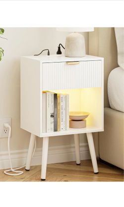 White Nightstand with Charging Station & LED Light – Modern End Table