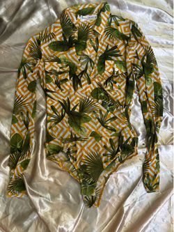 Sheer Tropical Print Thong Bodysuit / Size M