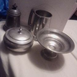 Silver Plate And Pewter English Sheffield Antique Collection Lot Of Four Metal Ware Pieces