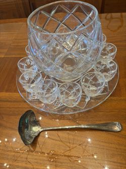Glass Punch Bowl With 12 Cups , Ladle And Round Glass Tray