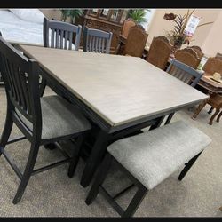 Two Tone Dining Table With Drawers,4 Chairs And Bench/6 Piece Dining-Kitchen Room Set🔥On Display 🏠 Delivery Available 👍
