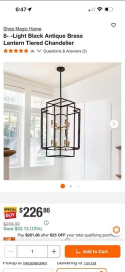 8-Light Black & Antique Brass Tiered Chandelier - New