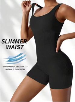 Women's Jumpsuits Seamless Ribbed Square Neck One Piece Yoga Workout Sleeveless Rompers Sexy Tank Top Shorts