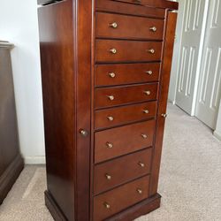 Classic Jewelry Cabinet, wood, 2 side doors magnetic with hooks, hinged top with mirror, 8 drawers 4 with dividers, velvet all interiors, 39”H x 18”W 