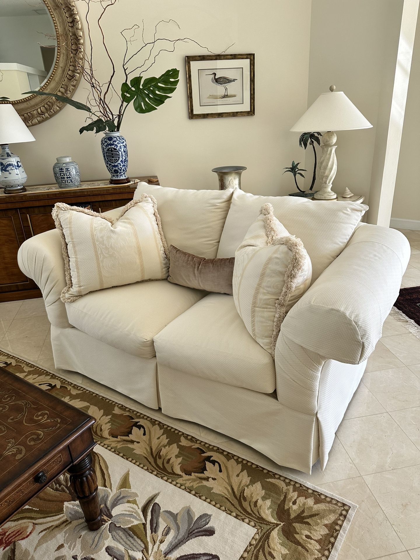 Luxury upholstered Sofa couch and Love seat set. Plush pillows, cream/off-white. Pristine!!