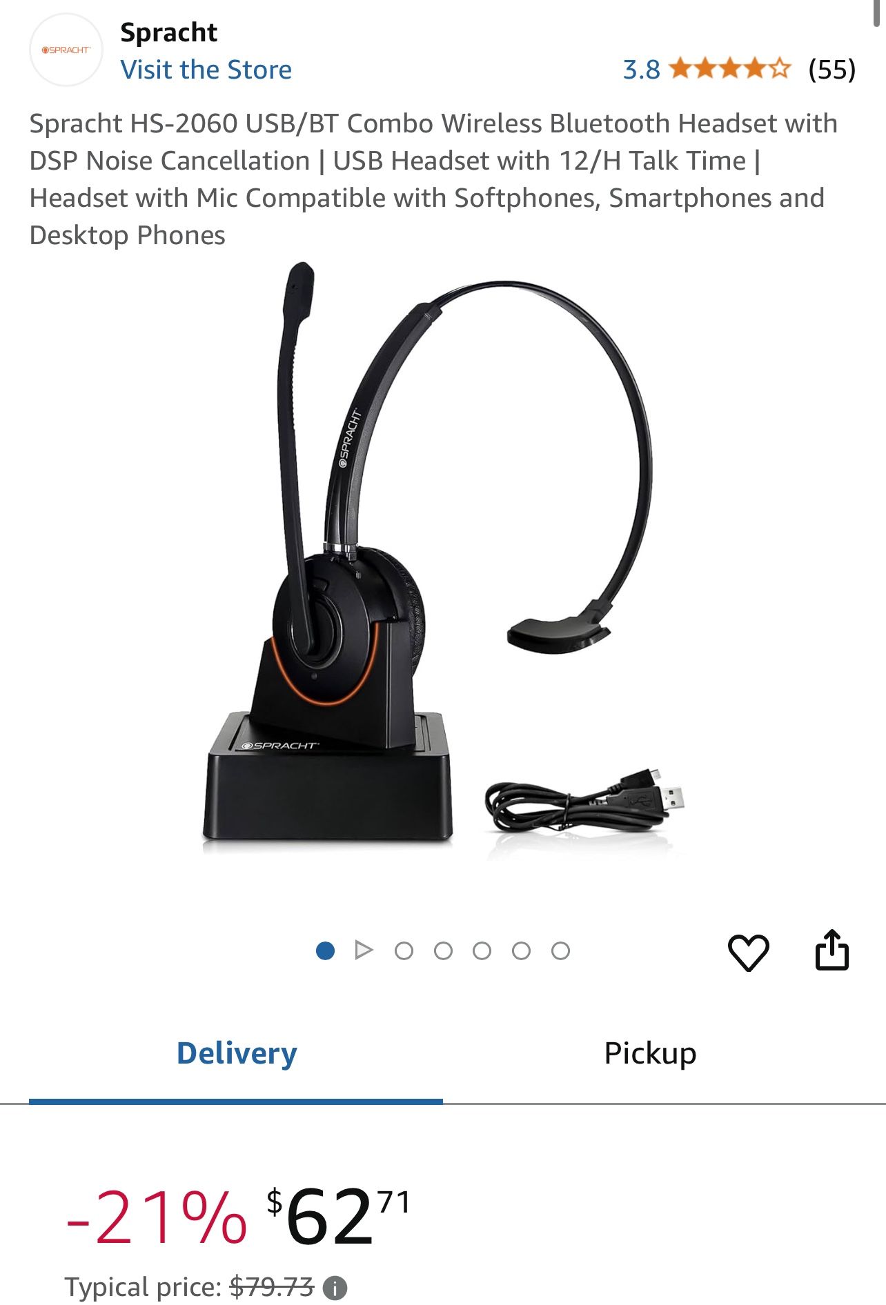 Spracht HS-2060 USB/BT Combo Wireless Bluetooth Headset with DSP Noise Cancellation | USB Headset with 12/H Talk Time | Headset with Mic Compatible wi