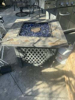 Pre-owned Square Fire Pit With Blue Rock Ceramic Tile Top Metal 