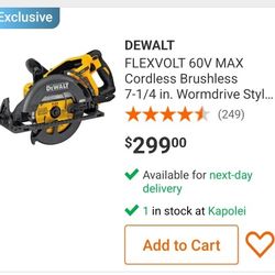 Dewalt Flexvolt Wormdrive 7 1/4 60v Saw $225