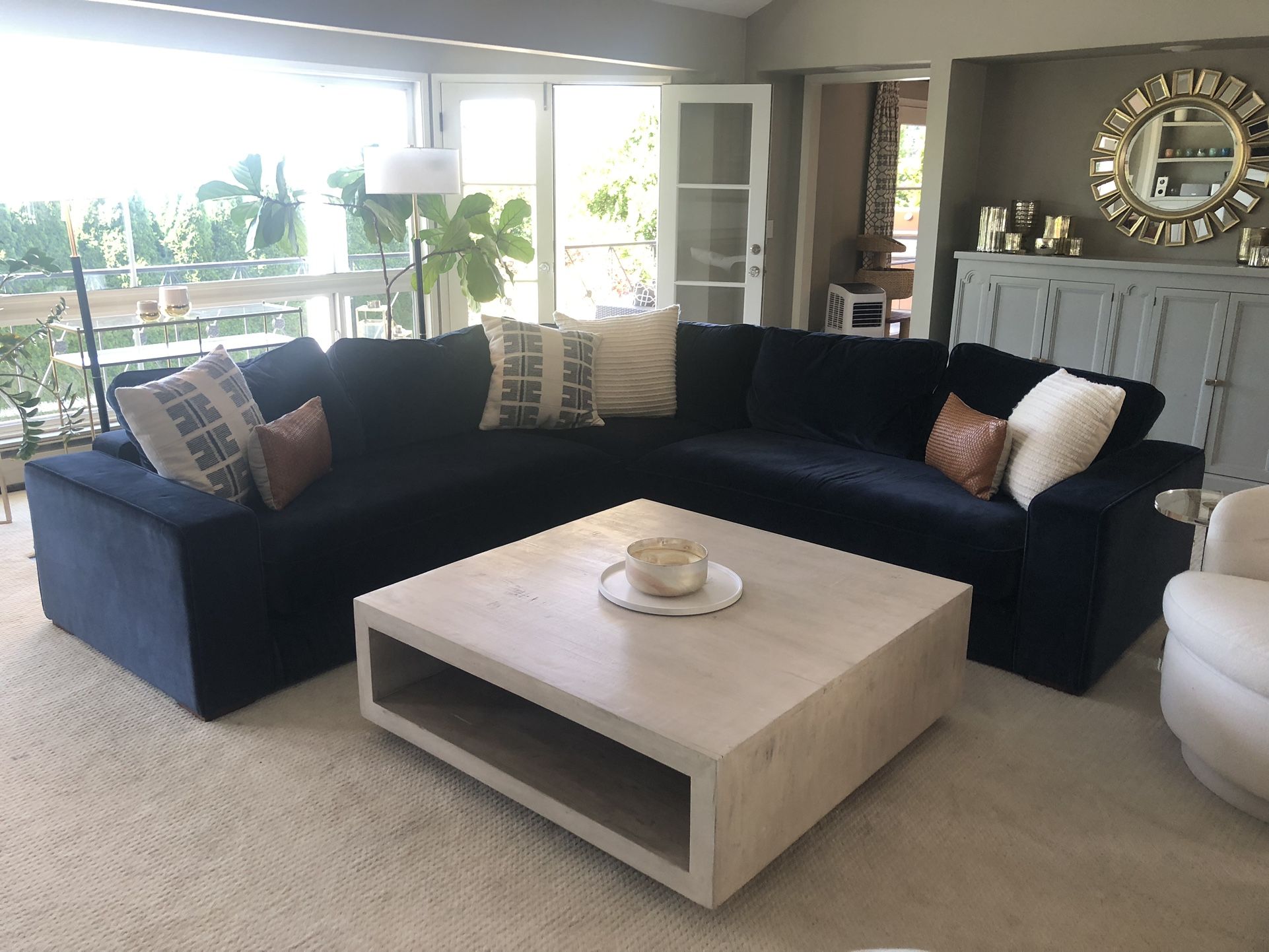 Navy Velvet Sectional With Square Coffee Table