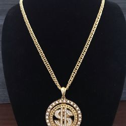 Gold Tone Stainless Steel Necklace with Swarovski Glass Encrusted Spinner Dollar Sign Pendant/ New Drip 2021 Fashion Jewelry Bling/ We Ship Fast!