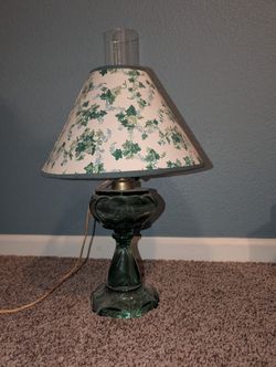 Green Glass Oil Lamp Converted To Electric Lamp Vintage