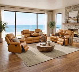 Carmel golden brown leather fully reclining three piece couch set