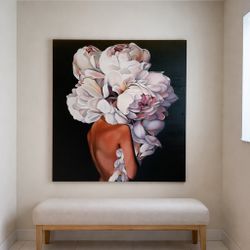Large Original Signed Acrylic on Canvas, Contemporary Floral Figurative Statement Painting