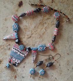 Handcrafted Polymer Southwest Desert Necklace And Earrings Set. Lightweight. Surgical Stainless Steel Hooks.