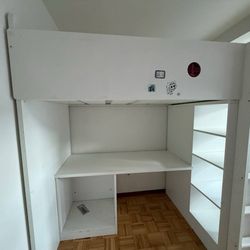 White Loft Bed with Built-In Desk & Shelving
